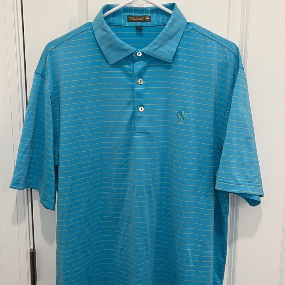 Peter Millar Coral Blue Stripe Summer Comfort Golf Polo Shirt Chapel Hills GA